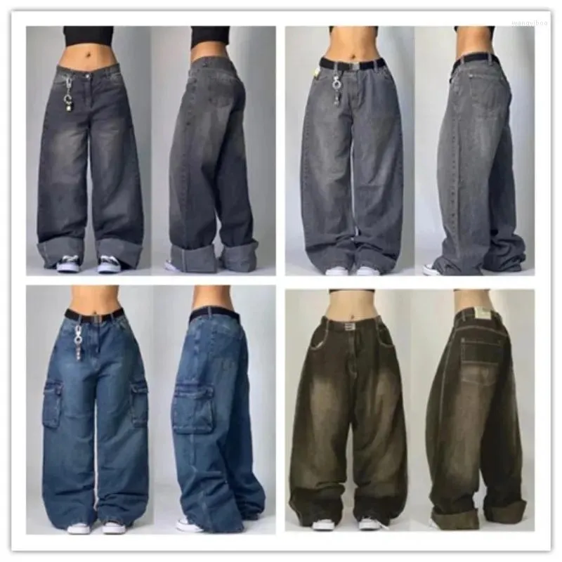 Women's Jeans Y2K Fashion Harajuku Big Pocket Washed Solid Color Baggy Men And Women Street Retro Gothic High Waisted Wide Leg Trousers