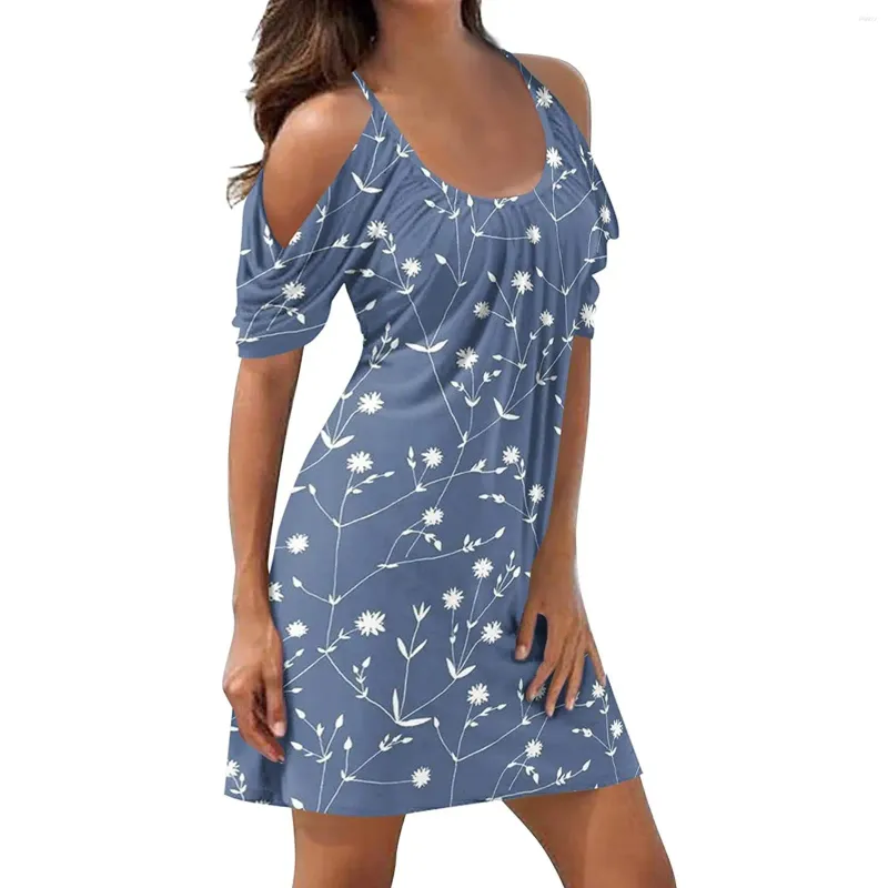 Casual Dresses 2024 Woman Floral Print Dress Summer Fashion Spaghetti Strap Off Shoulder Sleeveless Holiday A-Line Mesh Fabric Vestidos