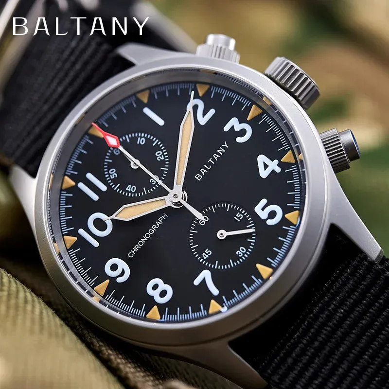 Baltany Pilot Chronograph Quartz Men for Men Stainless Steel 39mm Case Fabric Strap 100Mwaterproof VK61 Vintage Military Style 240315