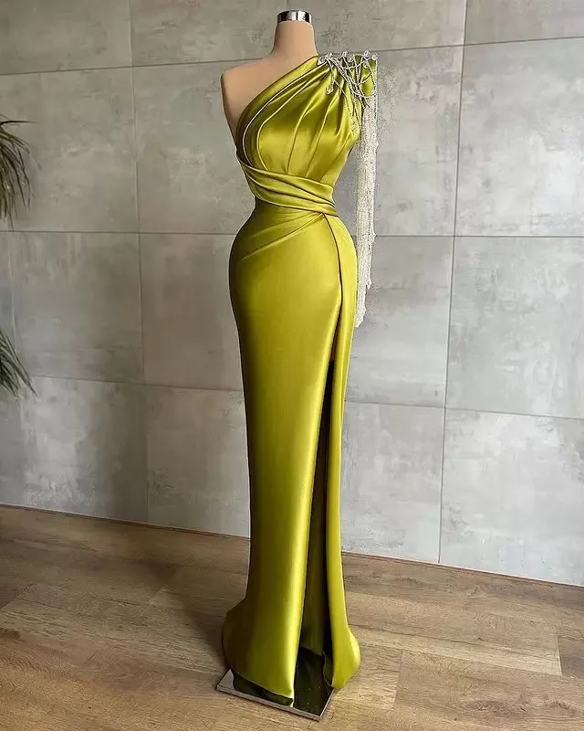 Green Sheath Prom Dresses Aso Ebi 2022 Arabic Plus Size One Shoulder Satin Evening Formal Gowns Party Second Reception Birthday Dress