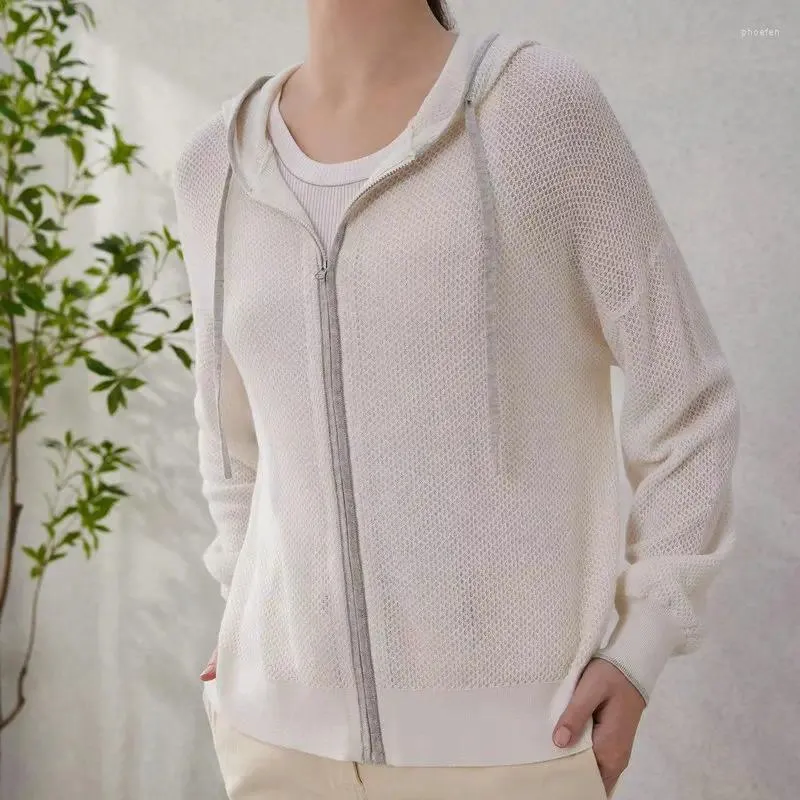 Cardigan tricoté en lin et soie mélangée pour femme, tricot, veste à capuche, fermeture éclair, tissage en résille, début du printemps, 2024