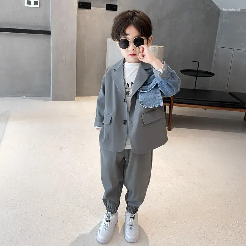 Clothing Sets Boys' Small Suit Set Jacket Pants Two-piece Korea Fashion Spliced Denim Sleeves Children's Spring Autumn Suits