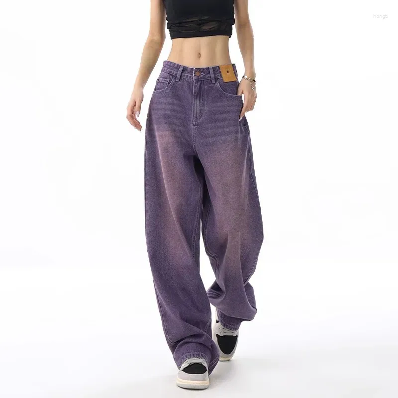 Damenjeans WCFCX STUDIO Lila Weit Für Frauen Ins Mode Hip Hop Denim Hosen Vintage Casual Hosen Streetwear Bein Y2K Kleidung