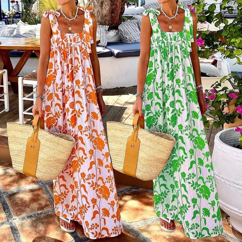 orange and green maxi dress Green, Orange & White Tropical Floral Print Off Shoulder Dress – Pretty  Kitty Fashion main image 1