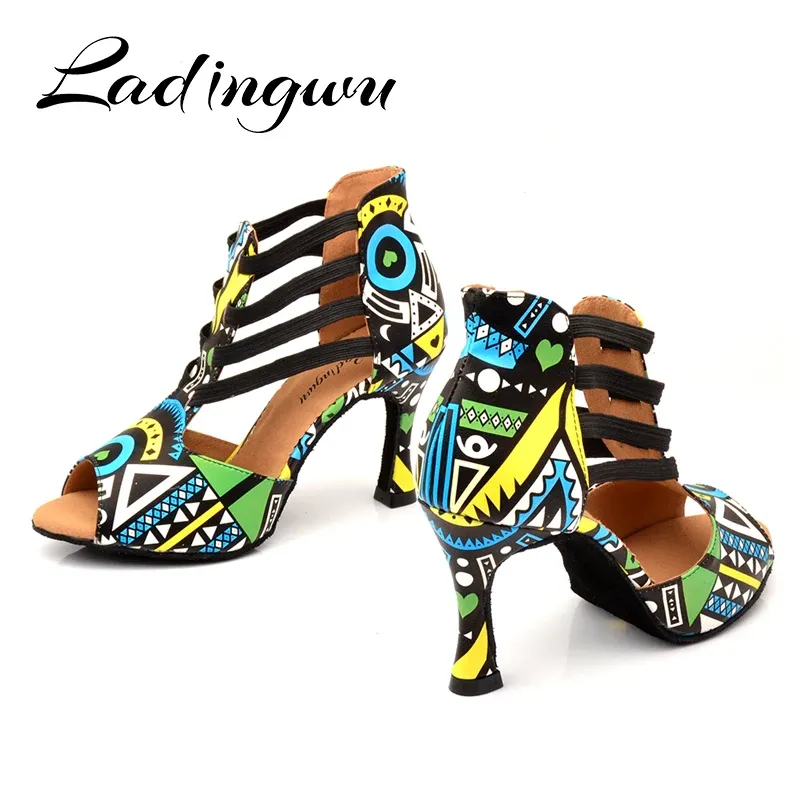 shoes Ladingwu Brand Latin Dance Shoes Ladies Dance Boots Elastic band adjustment Ballroom Dance Shoes Blue African texture Shoes