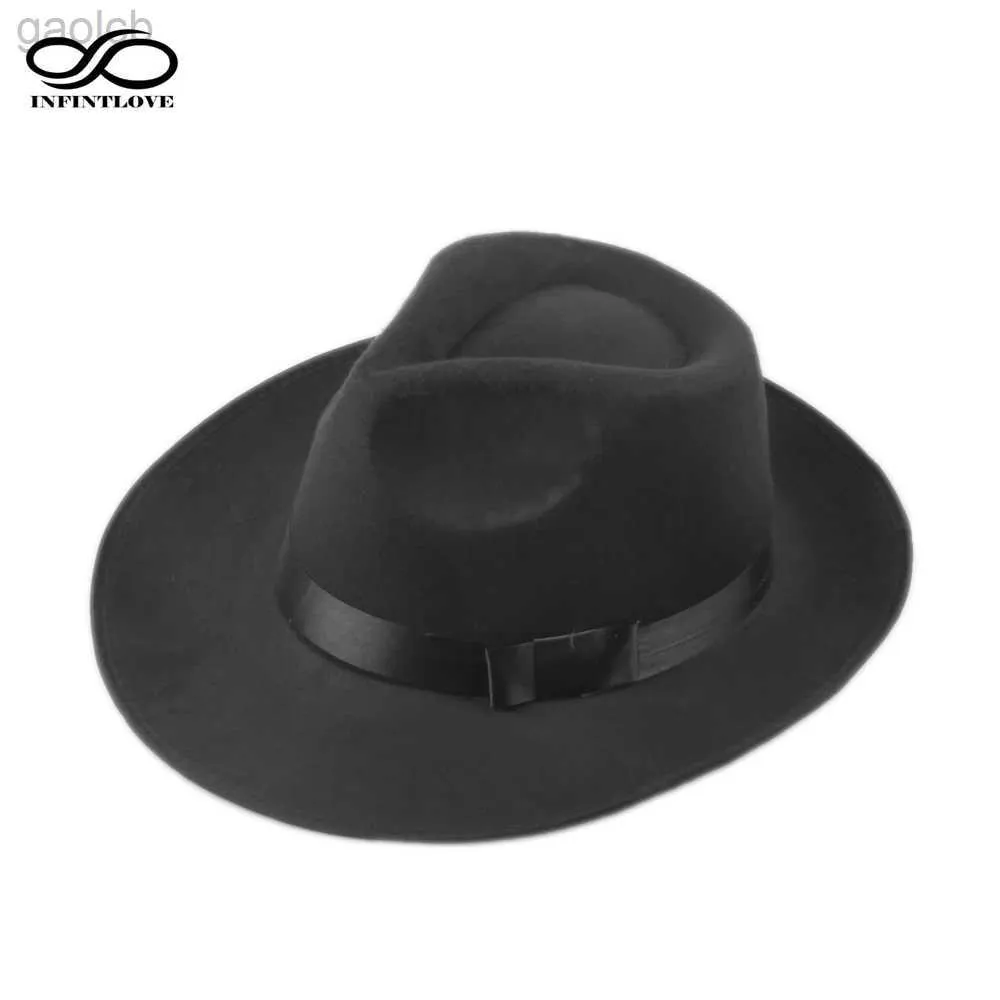 Szerokie brzegi kapelusze wiadra hats Luckylianji Retro Męskie wełniane wełniane czapka szerokie grzbiet fedora trilby Panama Hat Black Top Hat (jeden rozmiar 58 cm) 24323