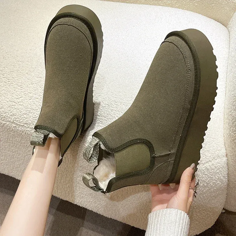 Buty 2024 Zima nowe kobiety aksamitne zagęszczone Chelsea Buty Trendia Designer Brand Growsoled Warm Flat Casual Snow Boots Botas Mujer