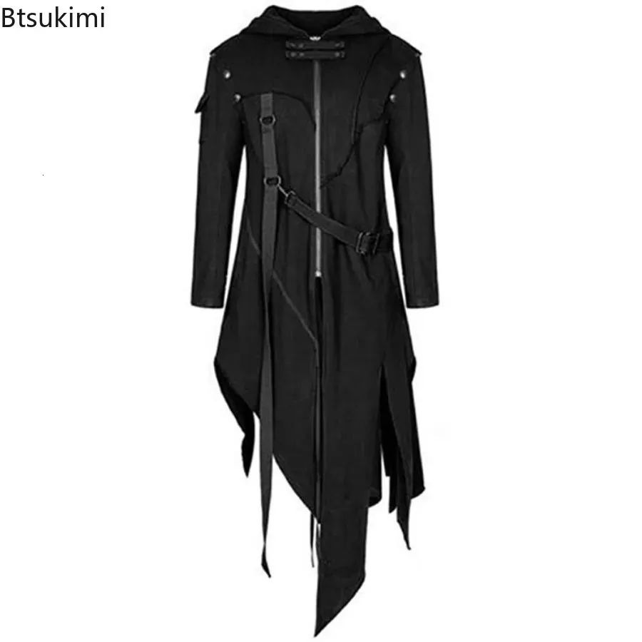 2024 Mens Punk Style Irregular Trench Coats Black Gothic