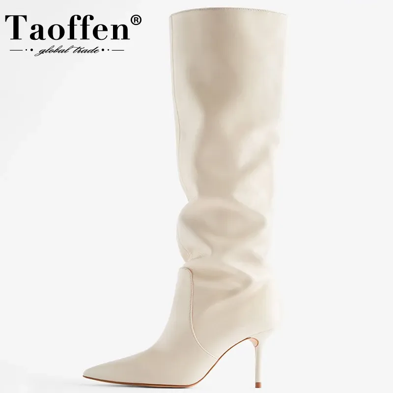 Boots Taoffen 2023 Ins Femmes Real Leather Knee High Boots for Women Chaussures d'hiver Sexy Party Thin Boots Boots Footwes Footwear Taille 3443