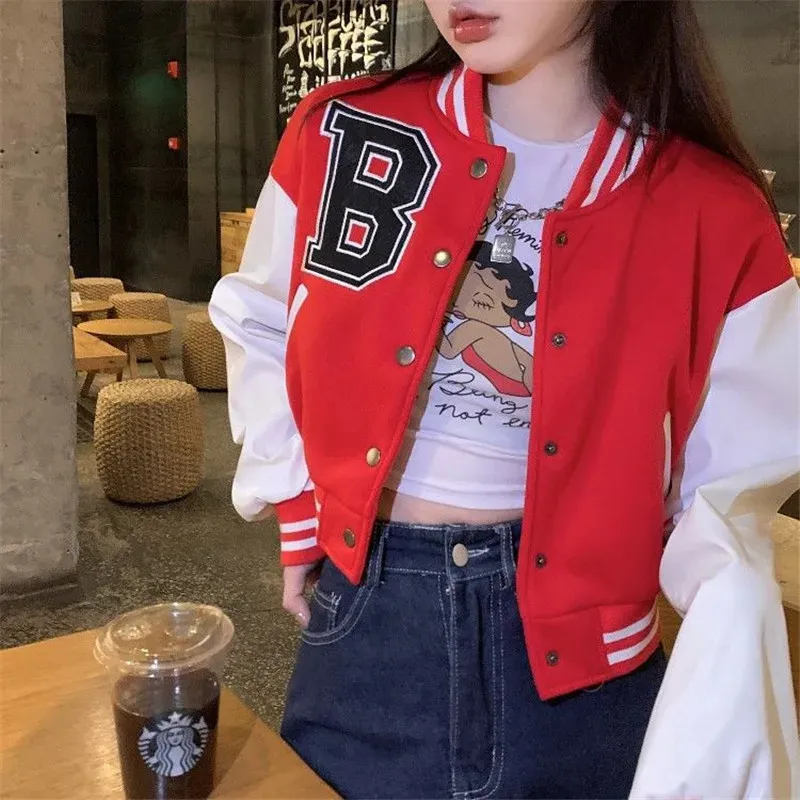 Brown Baseball Fashion Fall Jackets For Women Patchwork Button Black Crop Top Coats Red Varsity Bomber Jacket 240315