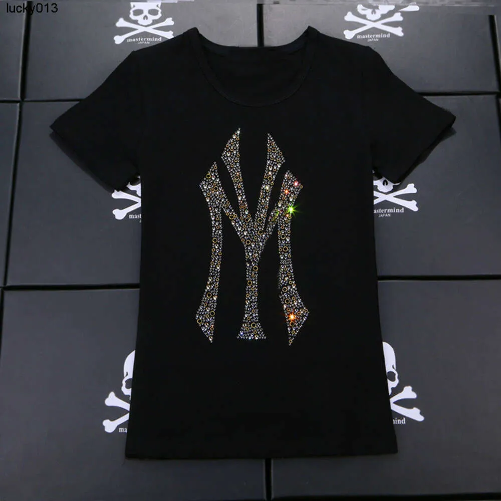 Spring and Summer New Diamond Studded Slim Fitting Short Sleeve T-shirt Womens Fashion Brand Mens Hot Cotton Lovers Top