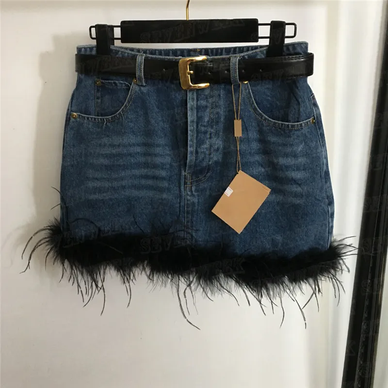 Gonne di jeans da donna con giunture di piume con cintura Abito corto di alta qualità Minigonna per ragazza cool Streetwear