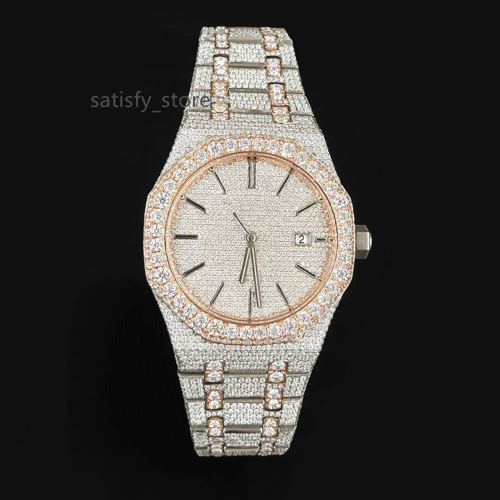 Anpassad lyxig rostfritt stål VVS Moissanite Iced Out Band Wrist Automatic Watch