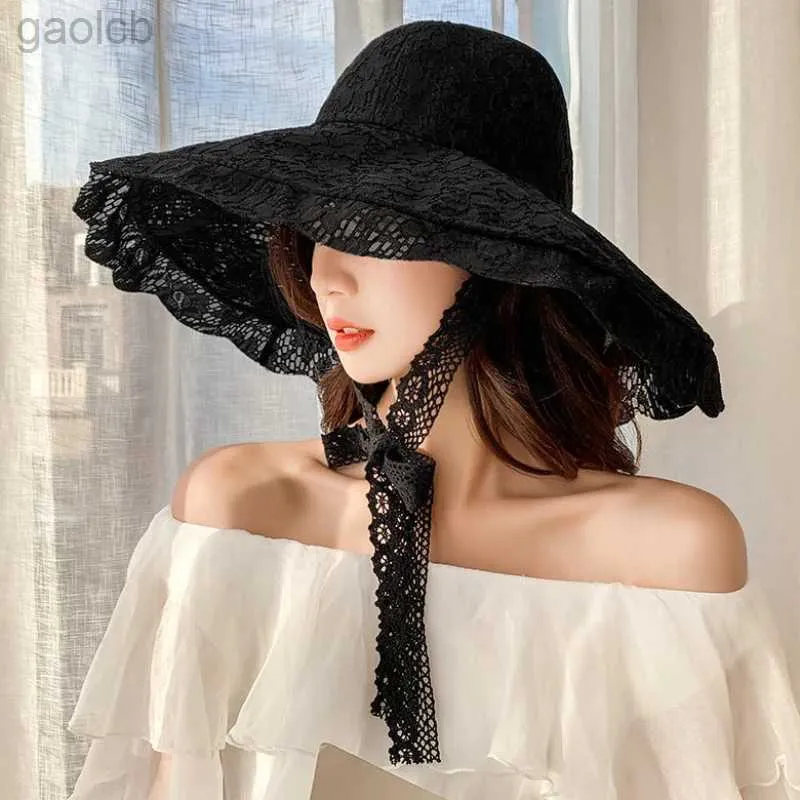Geniş Memlu Şapkalar Kova Şapkaları 2023 Yeni Kadınlar Yaz Şapkası Kadınlar Katı Dantelli Geniş Kötü Güneş Şapkalı Kova Şapkası Kadınlar Zarif Ambalaj Panama Plaj Şapkası 24323