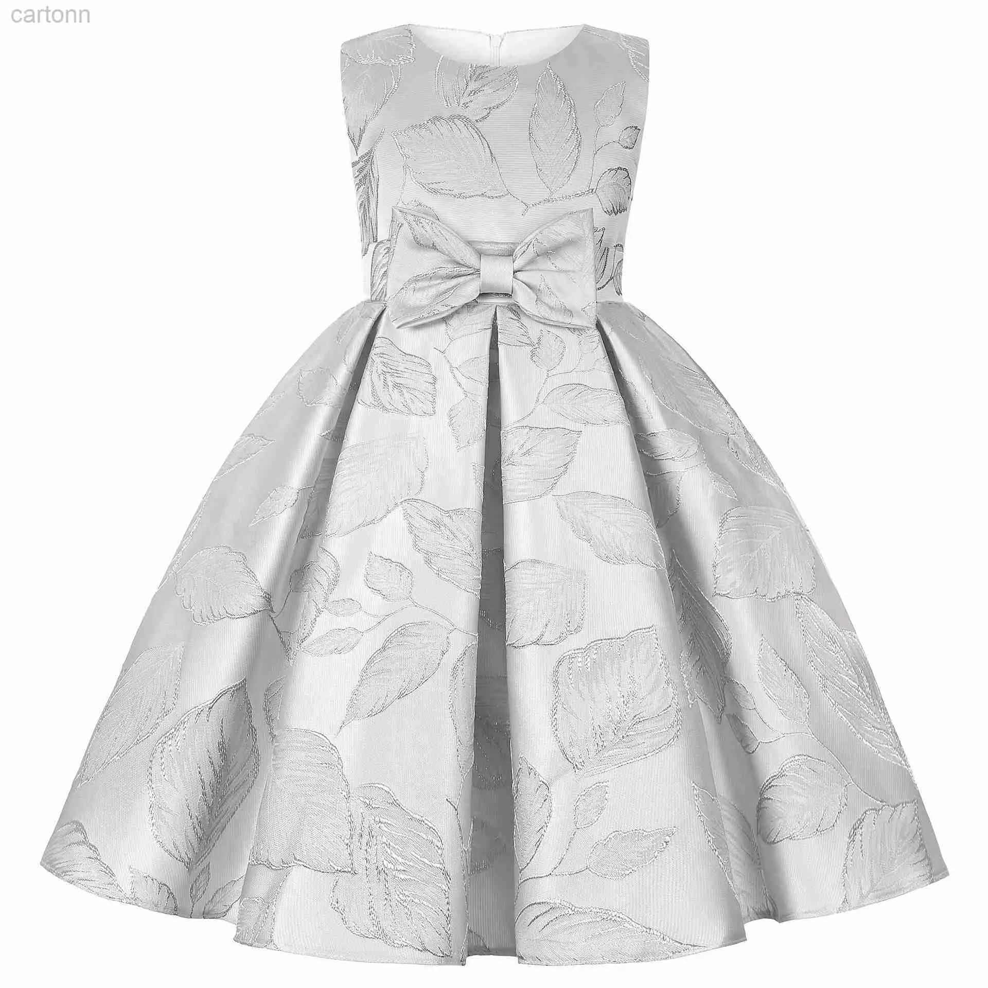 Girl's Dresses Silver Embroidered Flower Dress for Girls Thick Satin Sleeveless Childrens Clothing Childrens Birthday Clothing 2 to 8 10 Years 24323