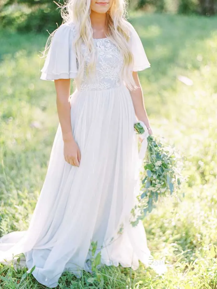 ヴィンテージA-Line Chiffon Modest Wedding Dresses with Fluter Sleeves Scoop Neck Lace Top Chiffon Skirt Bogho Inforcal Bridal Gownsカスタムメイド