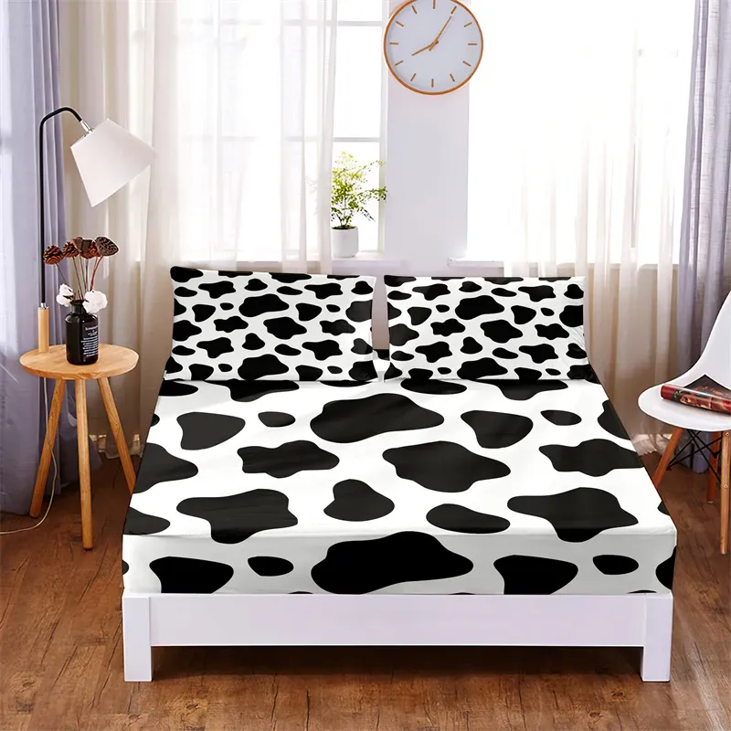 Ensembles de draps de lit imprimés léopard de vache, 3 pièces, drap-housse solide en Polyester, couverture de matelas aux quatre coins avec bande élastique, ensemble de literie