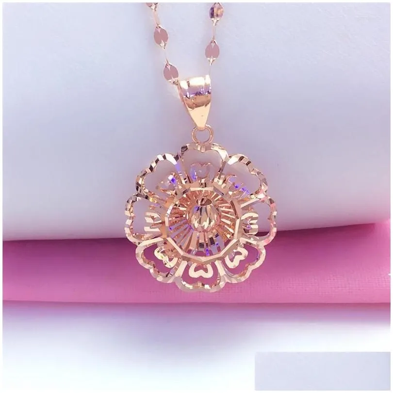 Kedjor 585 Purple Gold Plated 14k Rose Hollow Flower Pendant Neckce for Woman Charm utsökta Light Luxury Party SMycken Drop Delive Otbfm