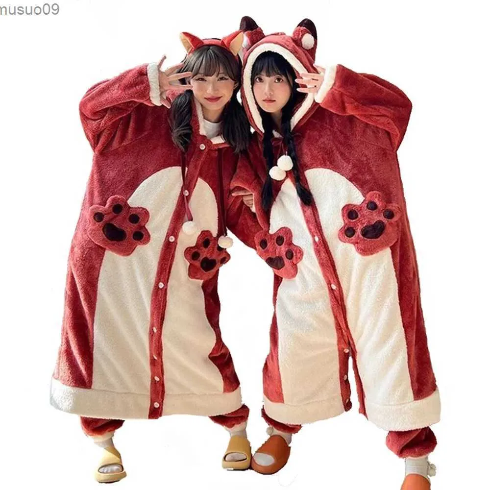 Hemkläder Plush Pyjamas Womens Pyjamas Winter Warm Casual Hooded Pyjamas Söt Anime Fox Rollspel Set Flanell Pajamasl2403