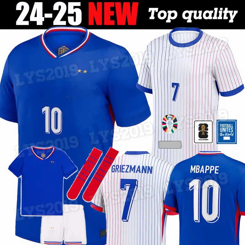 2024 25 Fan Player Jersey de football français Benzema Giroud MBAPPE GRIEZMANN Saliba Pavard Kanté Maillot de Foot Equipe Away Kids Kit Jersey Football Shirt Home Femmes S-4XL