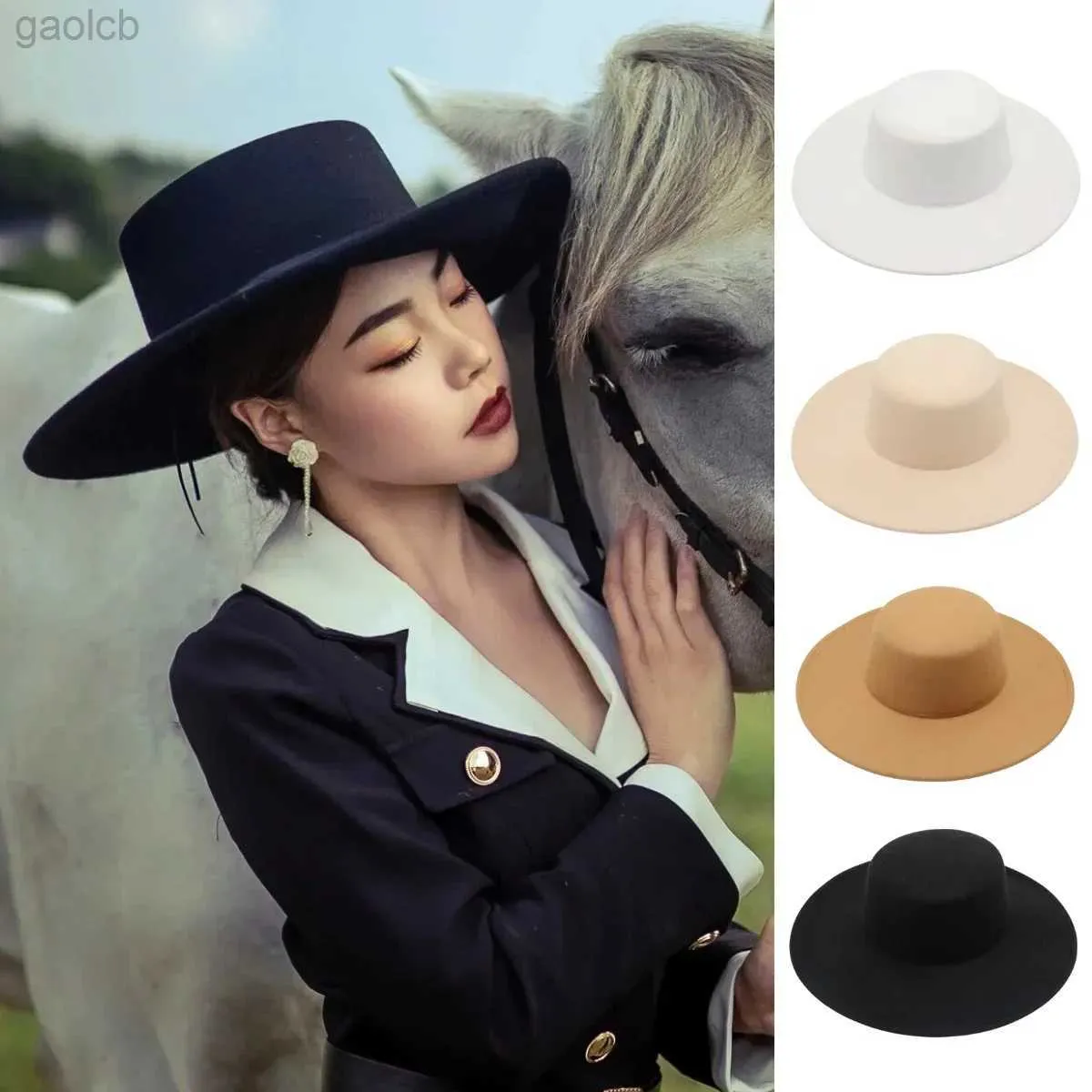 Wide Brim Hats Bucket Hats 10cm wide Brim French Fedora hat solid classic wool jazz flat Brim mens felt hat elegant autumn church womens dress hat 24323