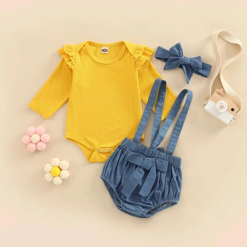 Ensembles de vêtements pour bébés filles, 3 pièces, barboteuse à manches longues, uni, côtelé, bretelles, nœud, pantalon triangulaire, bandeau