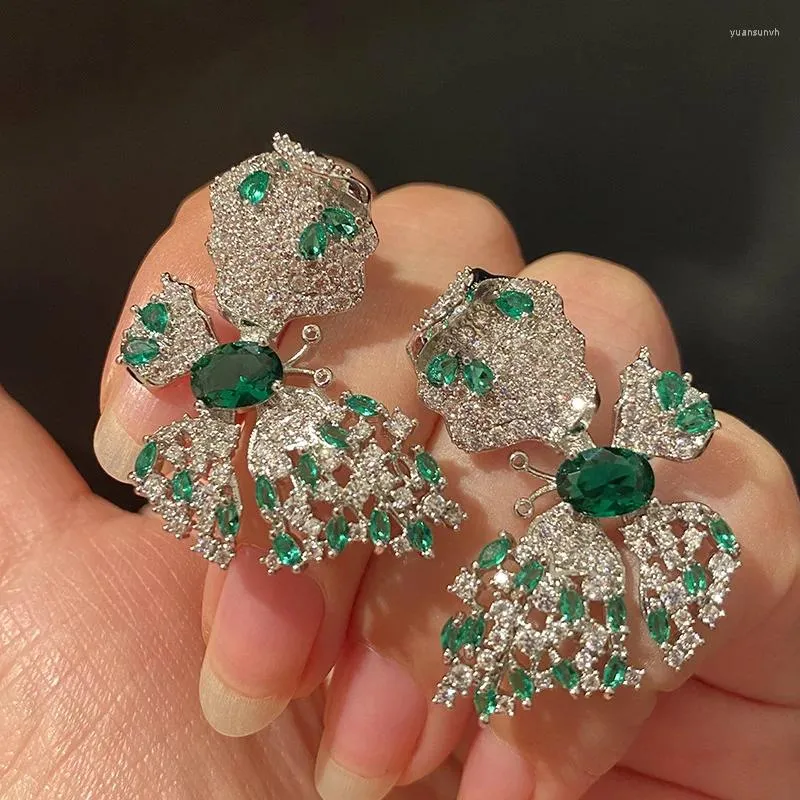 Orecchini a bottone Farfalla verde Goccia per donna Argento 925 Ago Shine Zirconia Accessori per feste di lusso Gioielli vintage raffinati