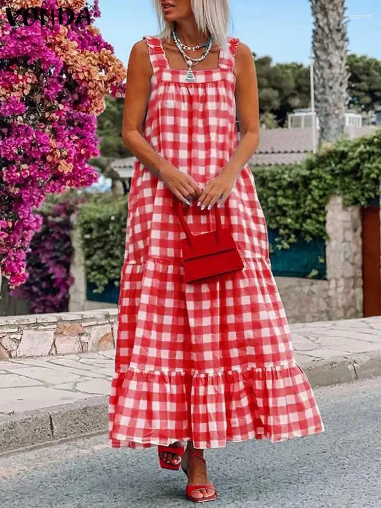 Casual Jurken VONDA Bohemian Ruches Gedrukt Zonnejurk 2024 Zomer Plaid Maxi Jurk Vrouwen Sexy Spaghettibandjes Strand Losse Lange Vestido