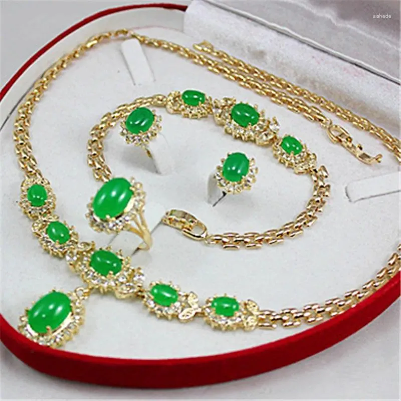 Collana orecchini set verde ovale pietra pendente braccialetto anello a bottone color oro collare a catena gioielli di dichiarazione per le donne vintage