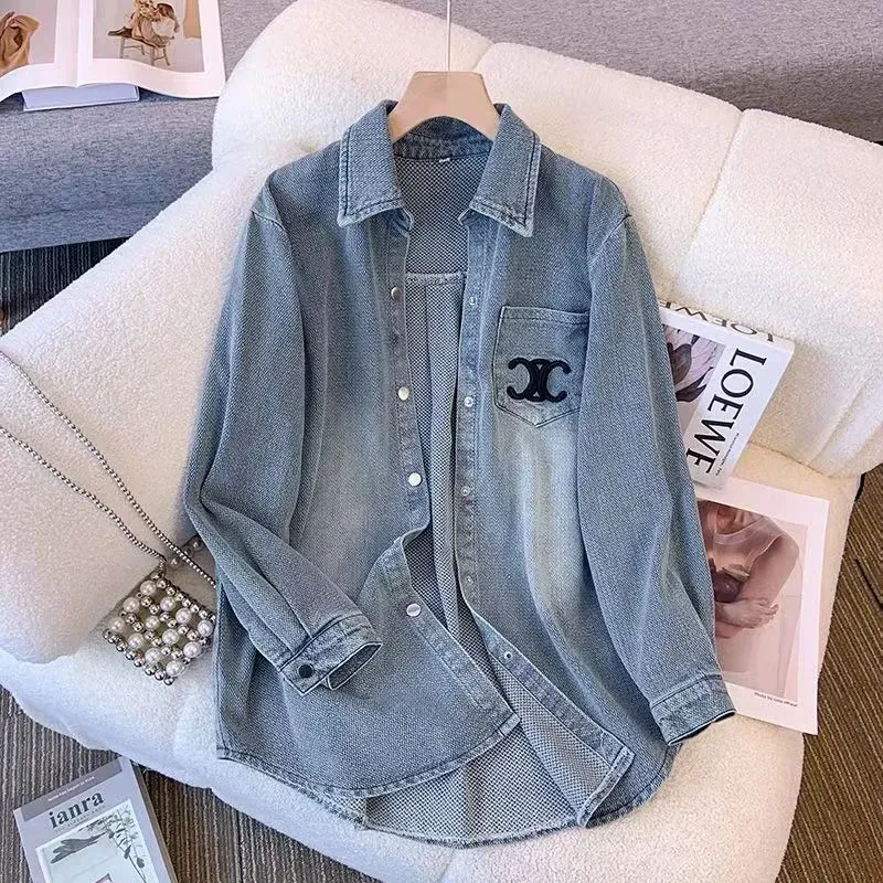 New design women's turn down collar loose long sleeve embroidery denim jeans blouse shirt S M L XL