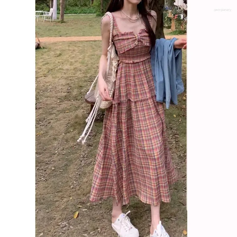 Casual Kleider Homecoming Sommer Slip Kleid Frauen Rosa Plaid Streifen Midi Ist Elegant Und Anspruchsvoll Lange Rock Fairycore