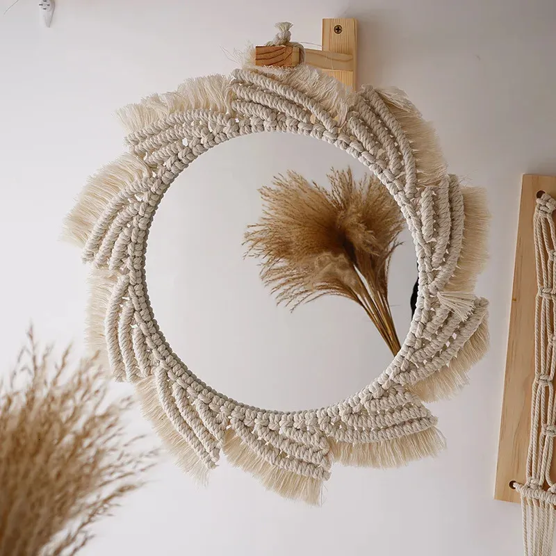 Macrame okrągłe lustro akrylowe boho ręcznie tkane bawełniane lina ściana w doniesieniu do salonu sypialnia świąteczne wystrój ślubny prezent 240322