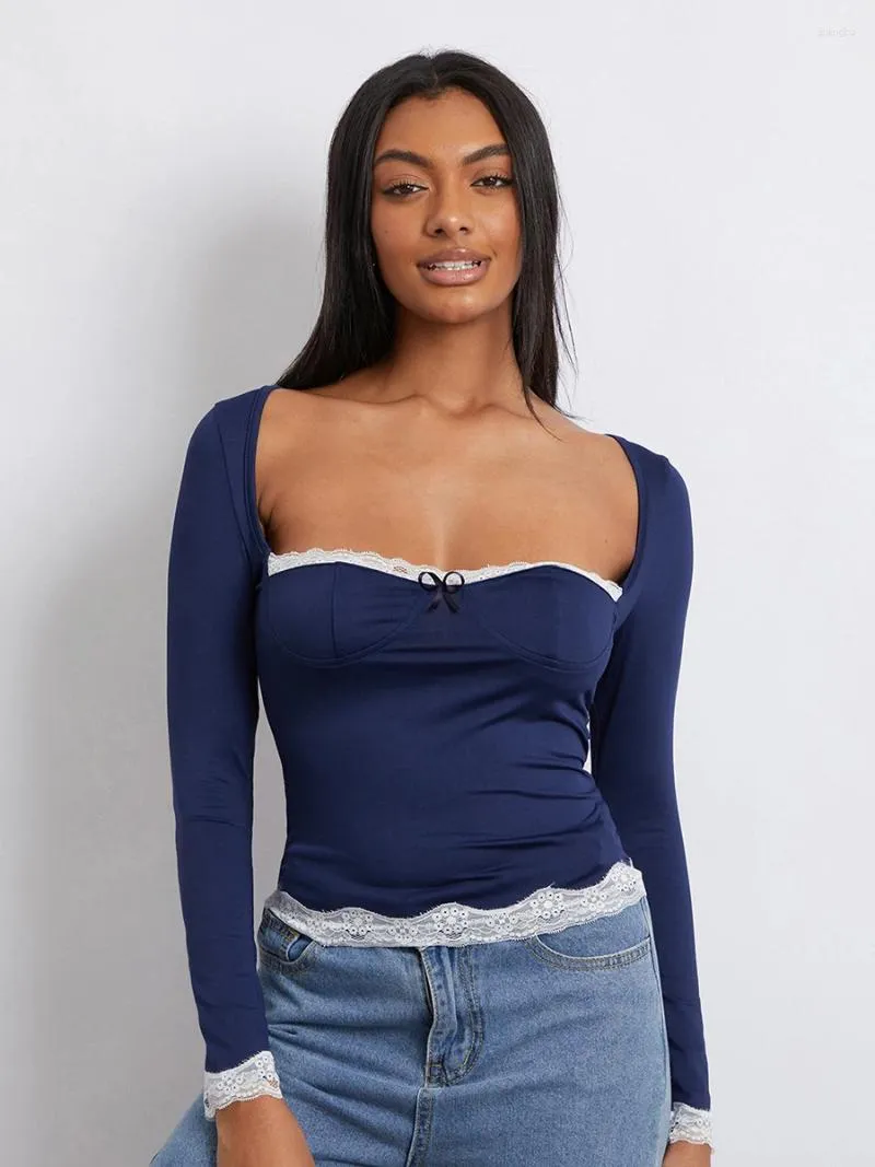 Kvinnors T -skjortor Kvinnor långärmad toppar y2k spets trimmonterad grundskjorta avslappnad som går ut blus tee streetwear