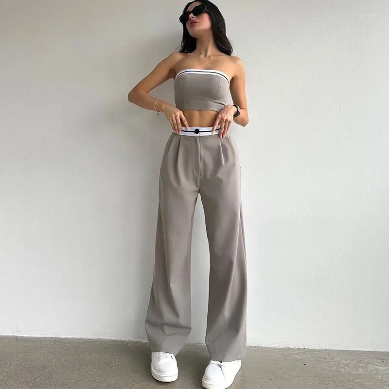 Women's Pants Two Piece Set Women Fashion Sleeveless Strapless High Waist Matching Tube Top Loose Wide Leg Sets Casual Streetwear