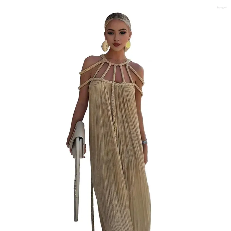 Casual Dresses Soft Halter Neck Dress Elegant Off Shoulder Maxi med flätade remmar för kvinnor Solid Color Strand Sundress