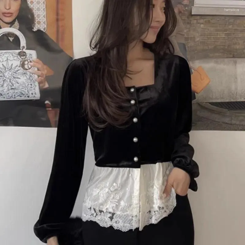 Kadın bluzları kimyasal femme femme kore şık bahar kare kontrast üst vintage dantel gömlek patchwork bluz blusas mujer siyah kadife