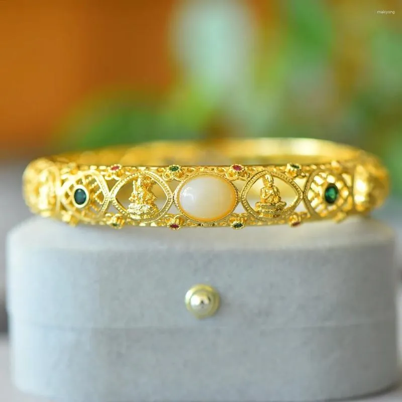 Bangle Natural Hetian Jade Gemstone Accessories For Women Charms Bracelet Luxury Gold Plated