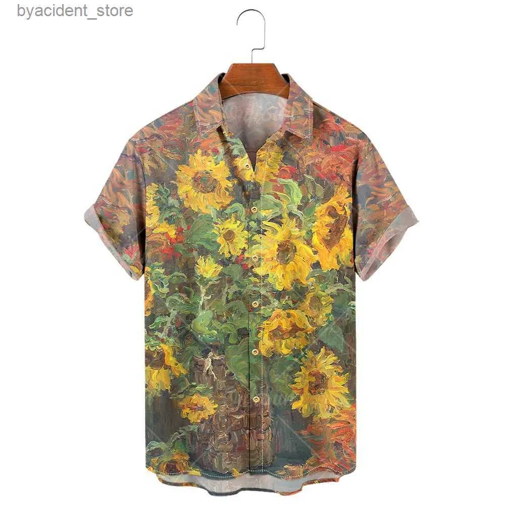 Mäns casual skjortor mens hawaiian skjorta 3d solros tryck t-shirt blommig en rad knapp skjorta lapel stor 5xl casual stil mens strand l240320