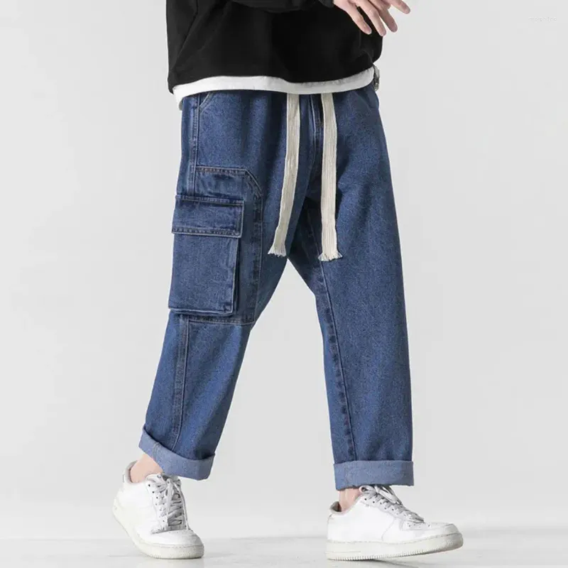 Men's Jeans Strong Denim Summer Casual Pants With Elastic Drawstring Waist Multi Pockets Design Straight For Streetwear