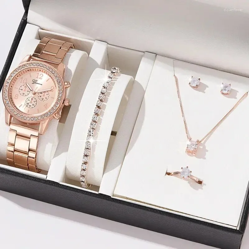 Horloges Vrouwen Horloge 6 STKS Set Ring Ketting Oorbellen Strass Horloge Vrouwelijke Casual Dames Horloges Armband Klok (Geen Doos)