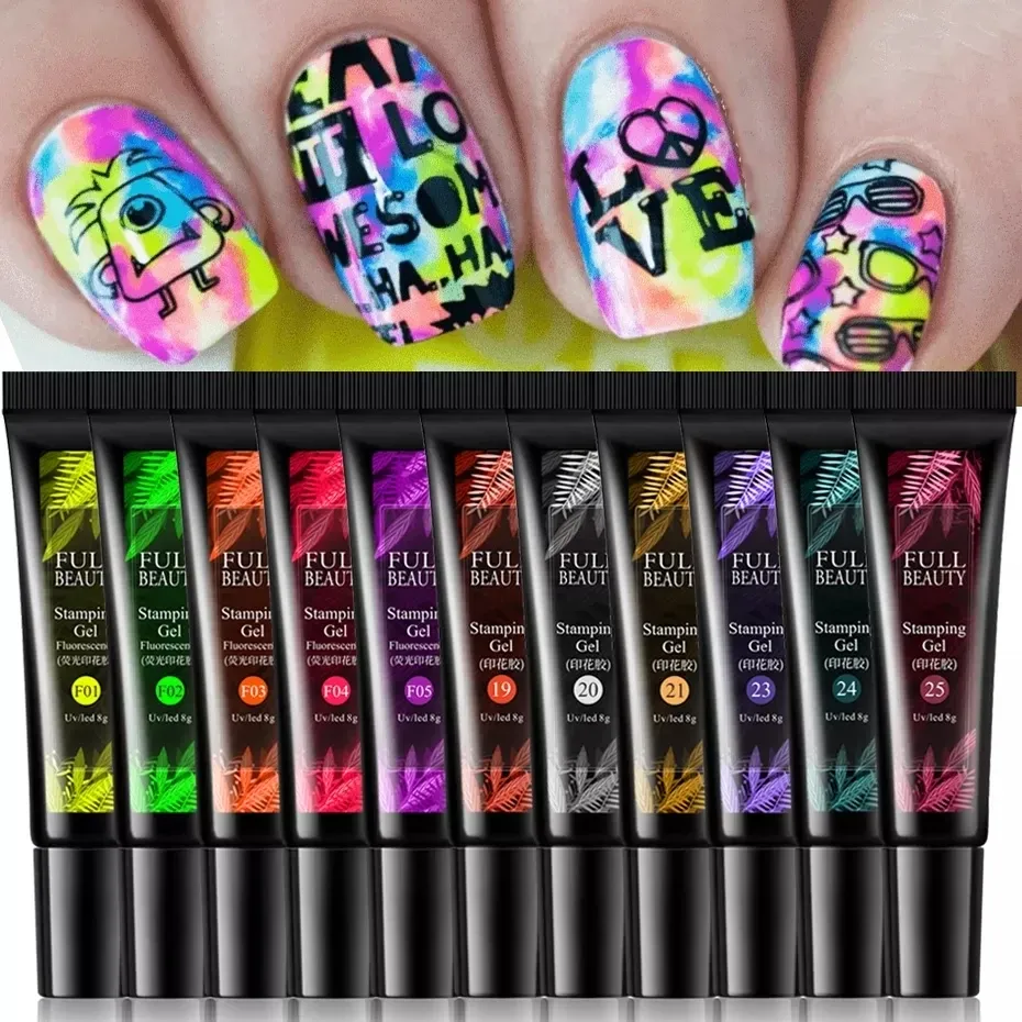 Kits 5/6pcs Stamping Gel Polish Set Nail Printing Fluorescence Neon Colors Soak Off Gel Varnish Nail Art Stamp Plates Manicure #1916