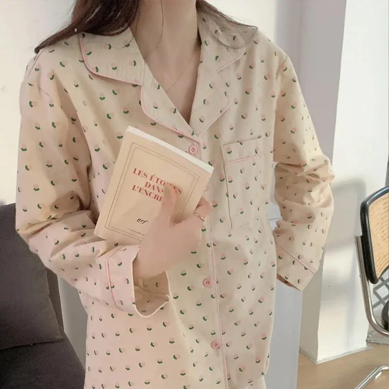 Algodón Sleepwear Pajamas Corea Mujeres Autumn Lindo Corazón Pajamas Manga larga Pijama Set Negligee Cardigan Traje 240321