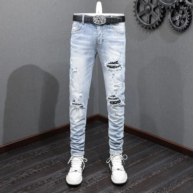 Jeans masculinos rua moda homens retro luz azul elástico magro rasgado estiramento calças remendadas designer hip hop marca calças