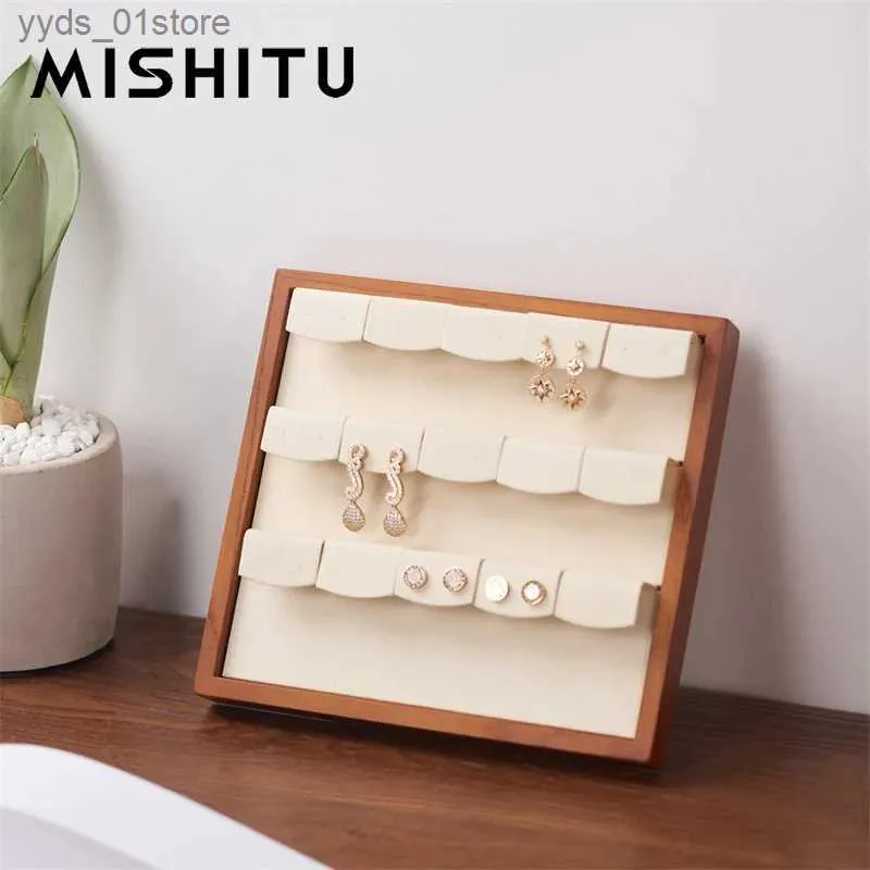 Smyckeslådor Mishitu Träörhängen Display Stand Smycken Organiser Rack med mikrofiber Insert Exhibition Earrings Display Rekvisita Showcase L240323