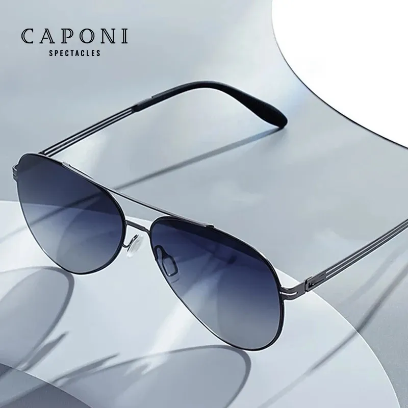 Caponi Pilot Nylon Mens Solglasögon Gradient Polariserat utomhus rostfritt stål Solglasögon Inga skruvar Design UV400 Shades CP7056 240314