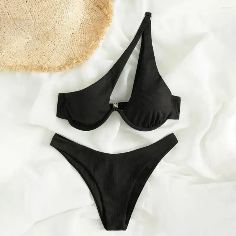 Kvinnors badkläder 2st/set Sexig en-axel Bikini High midjan Briefs Set Swimsuit Beachwear Bathing Suit Brasilian Thong