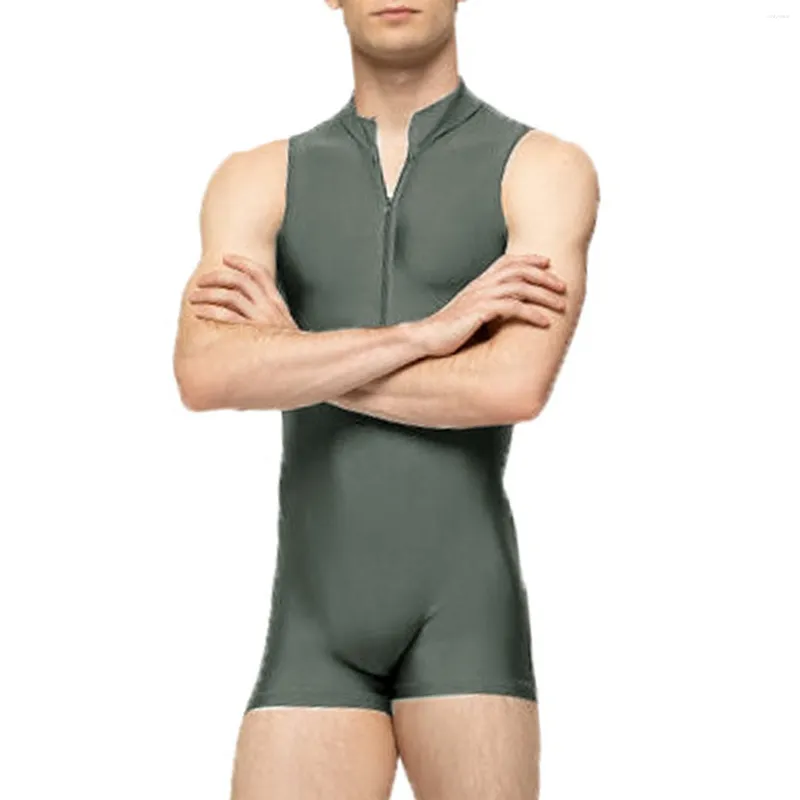 Kvinnors badkläder Mens Solid Color Sports Shorts Jumpsuit Gym Fitness Gymnastics Dance Training Bodysuit Zipper Stand Collar Sleeveless