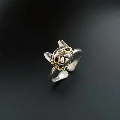 Simpatico cane con occhiali da sole Anello in oro 14 carati Punk Bulldog francese che indossa occhiali a catena Anello aperto per dito Gioielli Decorazione fantastica per uomini e donne