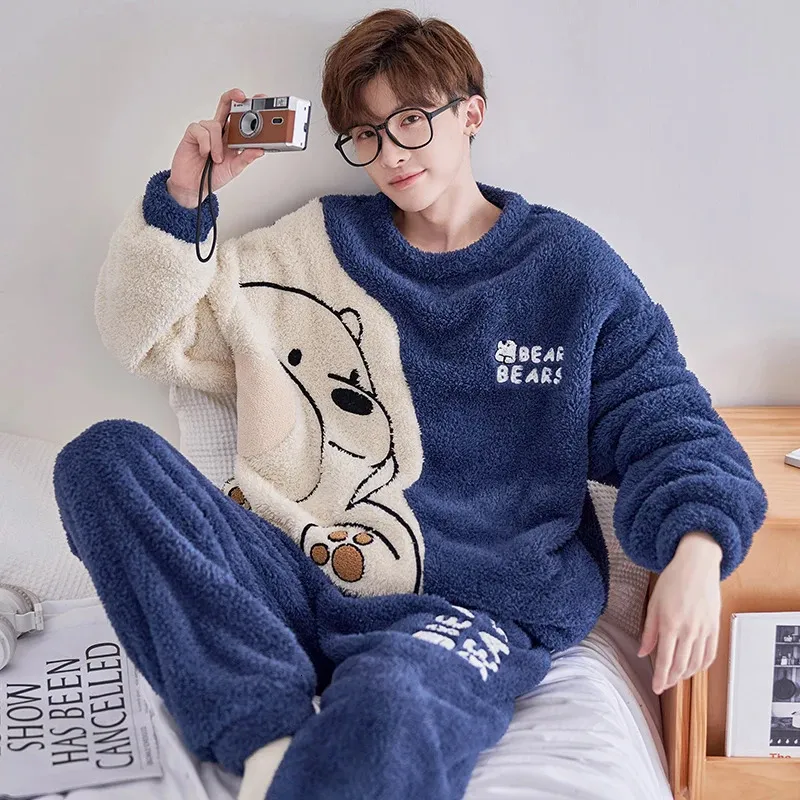 Funishi Coral Fleece Pajama 세트 남자 잠자기 겨울 잠옷 플러스 크기 4xl 플란넬 느슨한 버전 Inspissate Pullover Nightgown 240411