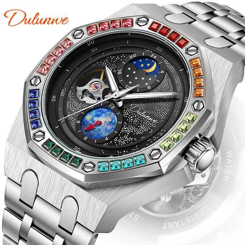 Mechanical Watch Waterproof Night Glow Mens Rainbow Full Sky Star Series Sun Moon and Stars Precision Steel Silicone Watch